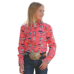 Cruel Denim Girl's Coral Boot Print Snap Shirt