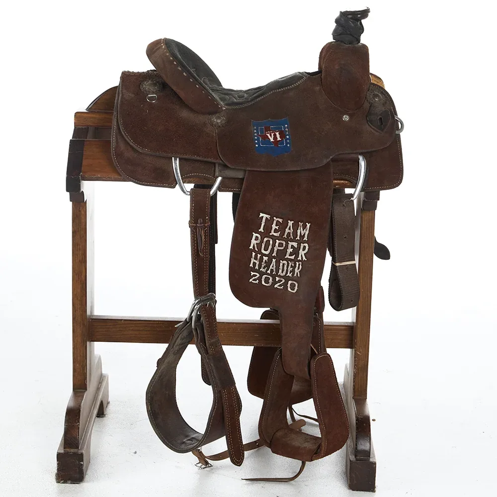 Double J Saddlery Used 14in Chocolate Roughout Trophy Team Roper - Image 2