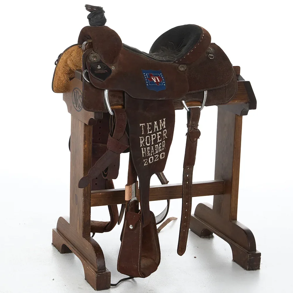 Double J Saddlery Used 14in Chocolate Roughout Trophy Team Roper