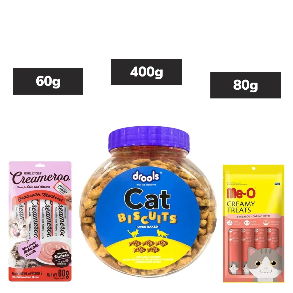 Drools Biscuit Treat, Kennel Kitchen Creameroo Crab Mackerel Treat, Me O Creamy Salmon Treats Cats Combo