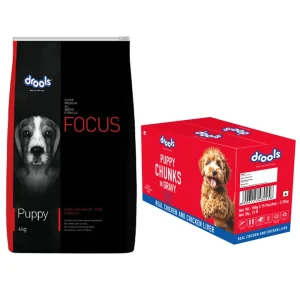 Drools Focus Super Premium Dry Food and Chicken & Chicken Liver Chunks in Gravy Puppy Dog Wet Food Combo