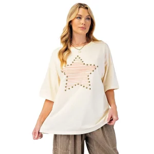 Easel Women's Cream Star Stud Top