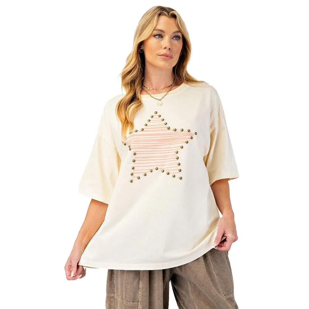 Easel Women's Cream Star Stud Top
