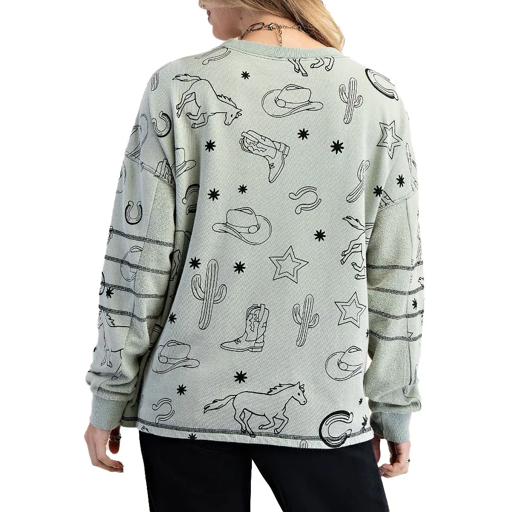 Easel Women's Dusty Sage Western Print Terry Pullover - Image 2