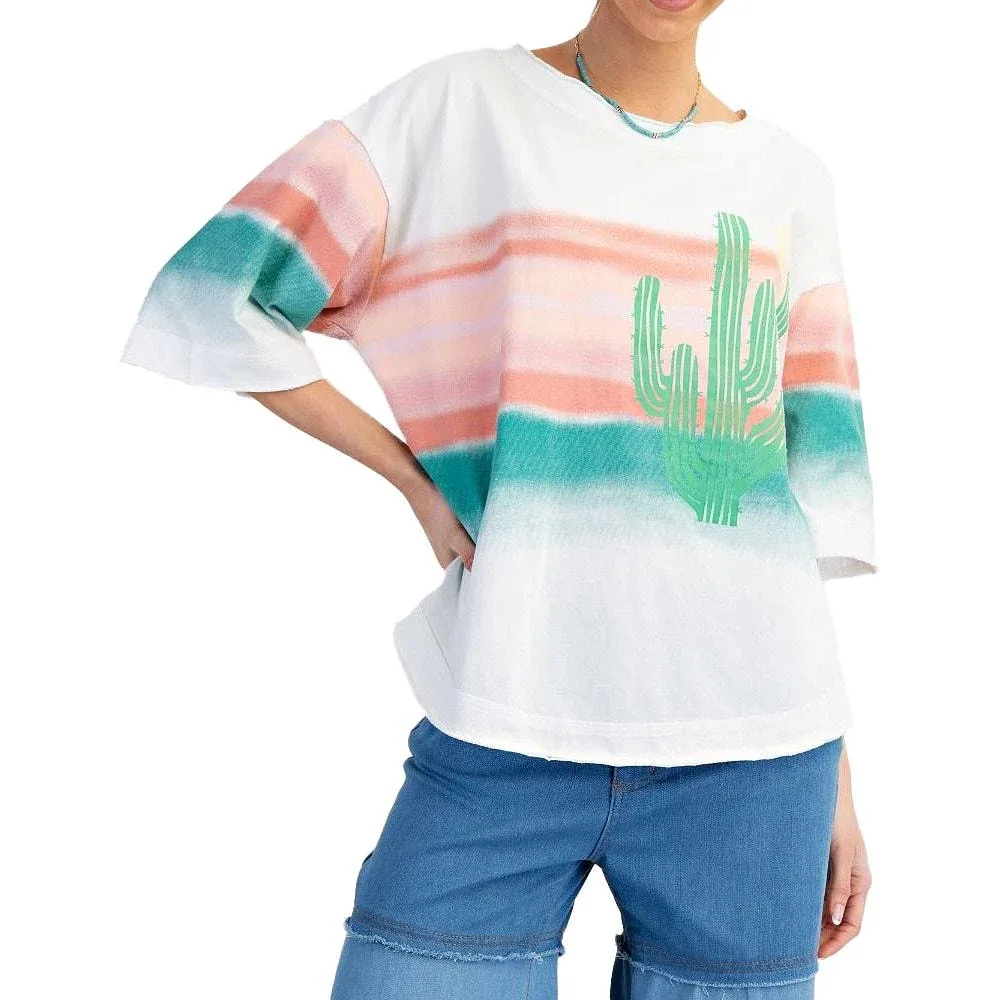 Easel Women's White Cactus Stripe Top