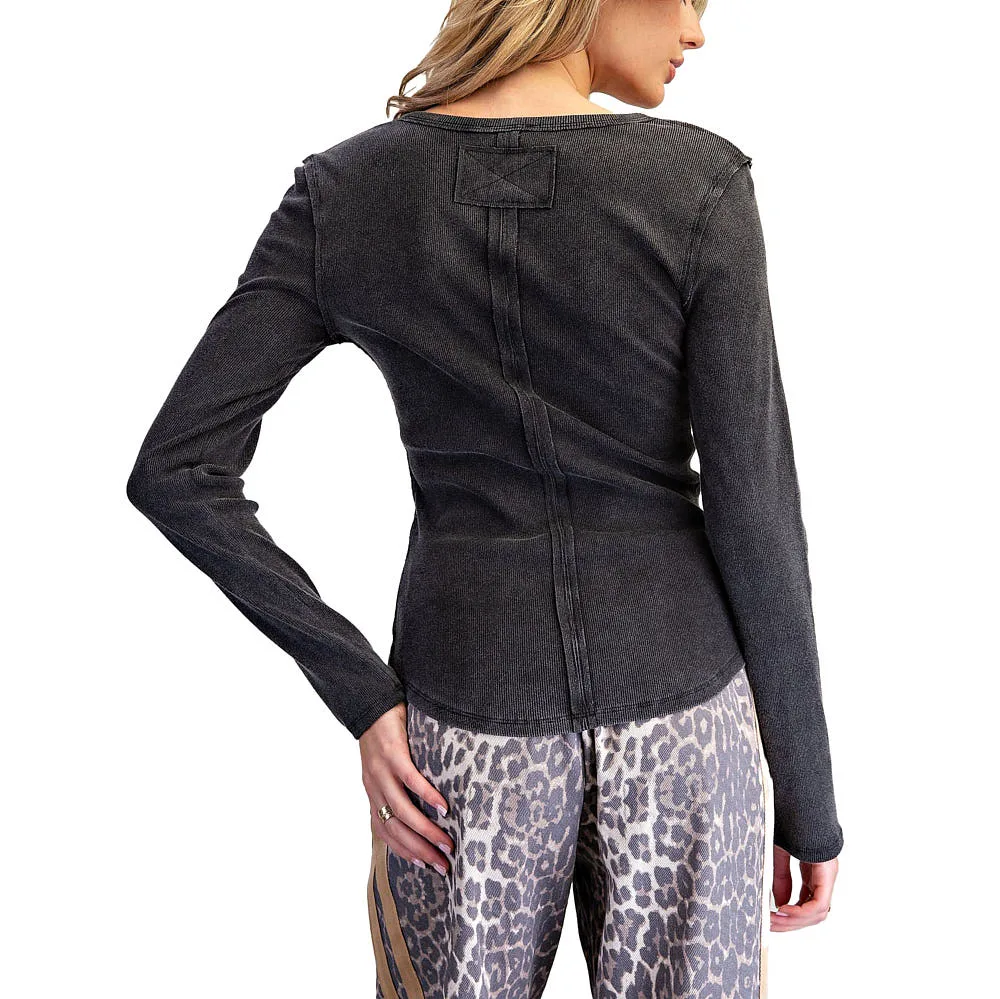 Ee Some Women's Ash Black Mineral Wash Half Button Long Sleeve Top - Image 2