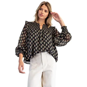 Ee Some Women's Black Bloom Floral Smocked Top
