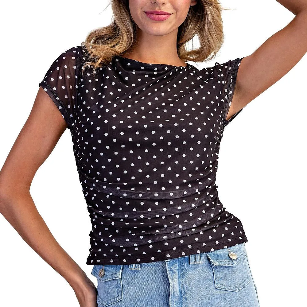 Ee Some Women's Black Polka Dot Ruched Mesh Top
