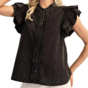 Ee Some Women's Black Washed Denim Ruffle Sleeve Top