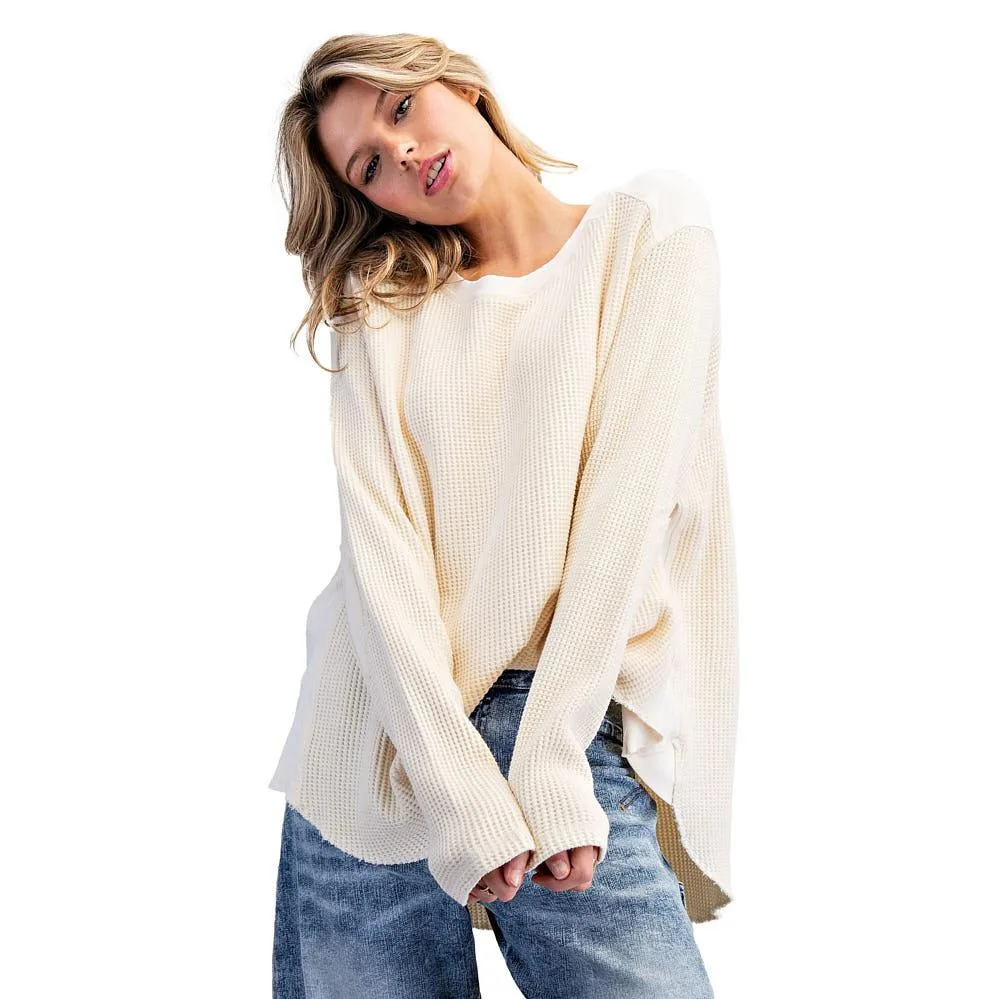 Ee Some Women's Butter Cream Waffle Knit Contrast Top