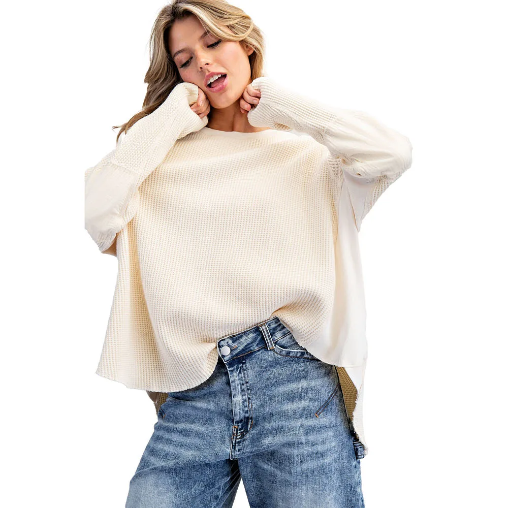 Ee Some Women's Butter Cream Waffle Knit Contrast Top - Image 2