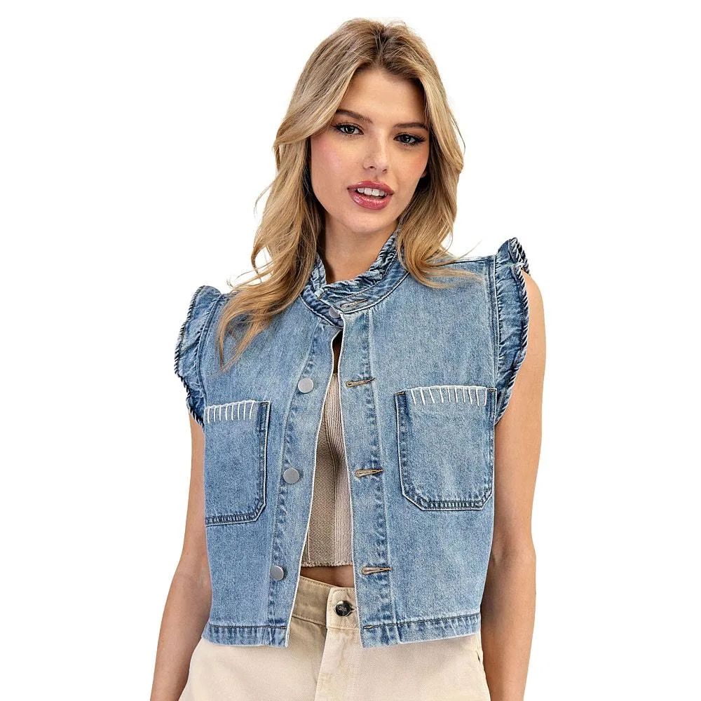 Ee Some Women's Denim Ruffle Sleeveless Top