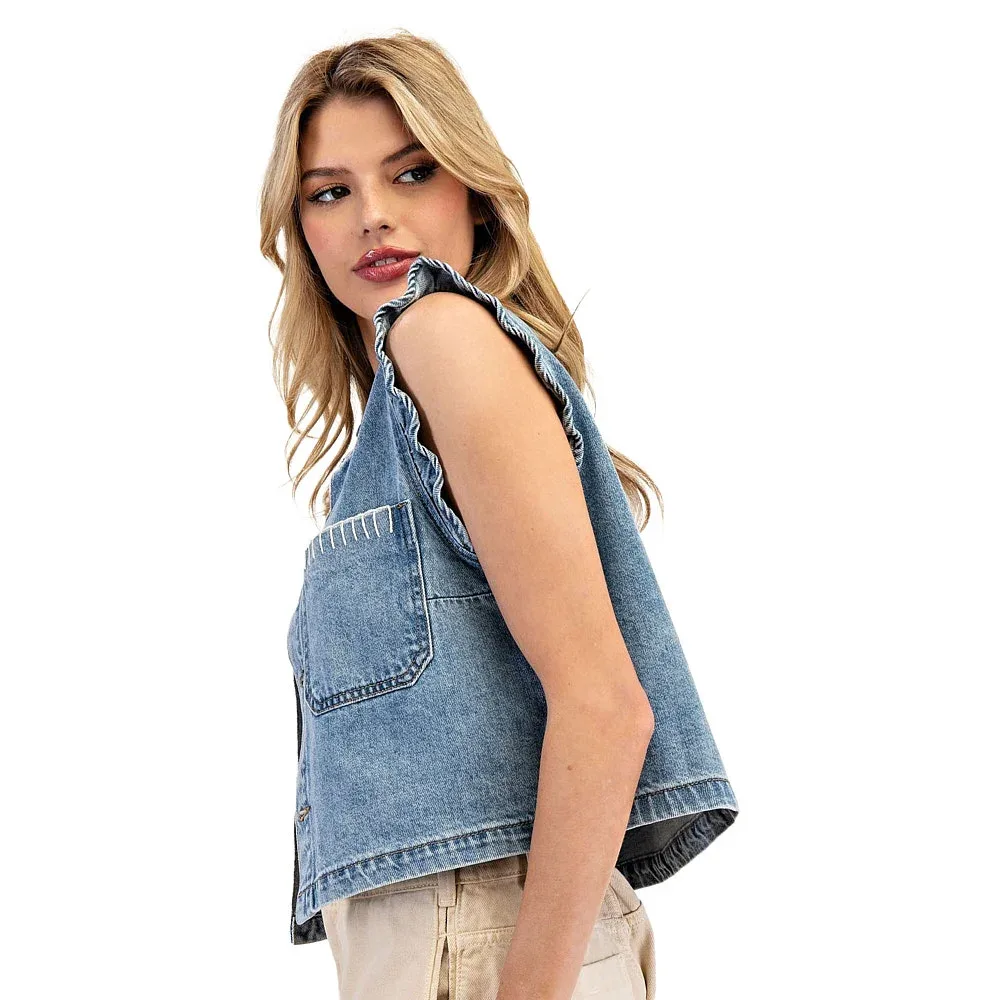 Ee Some Women's Denim Ruffle Sleeveless Top - Image 2