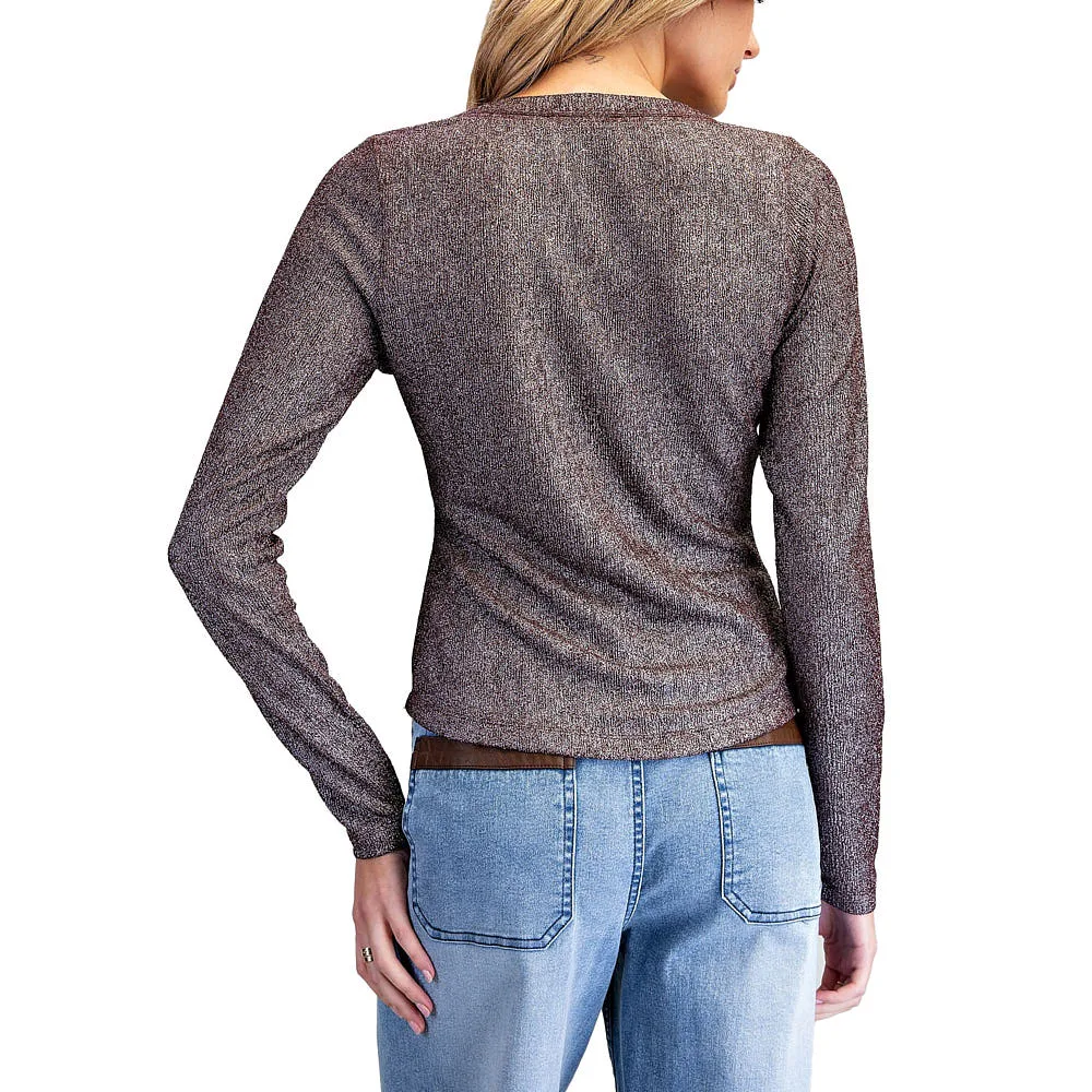Ee Some Women's Dp Brown Metallic Henley Long Sleeve Top - Image 2