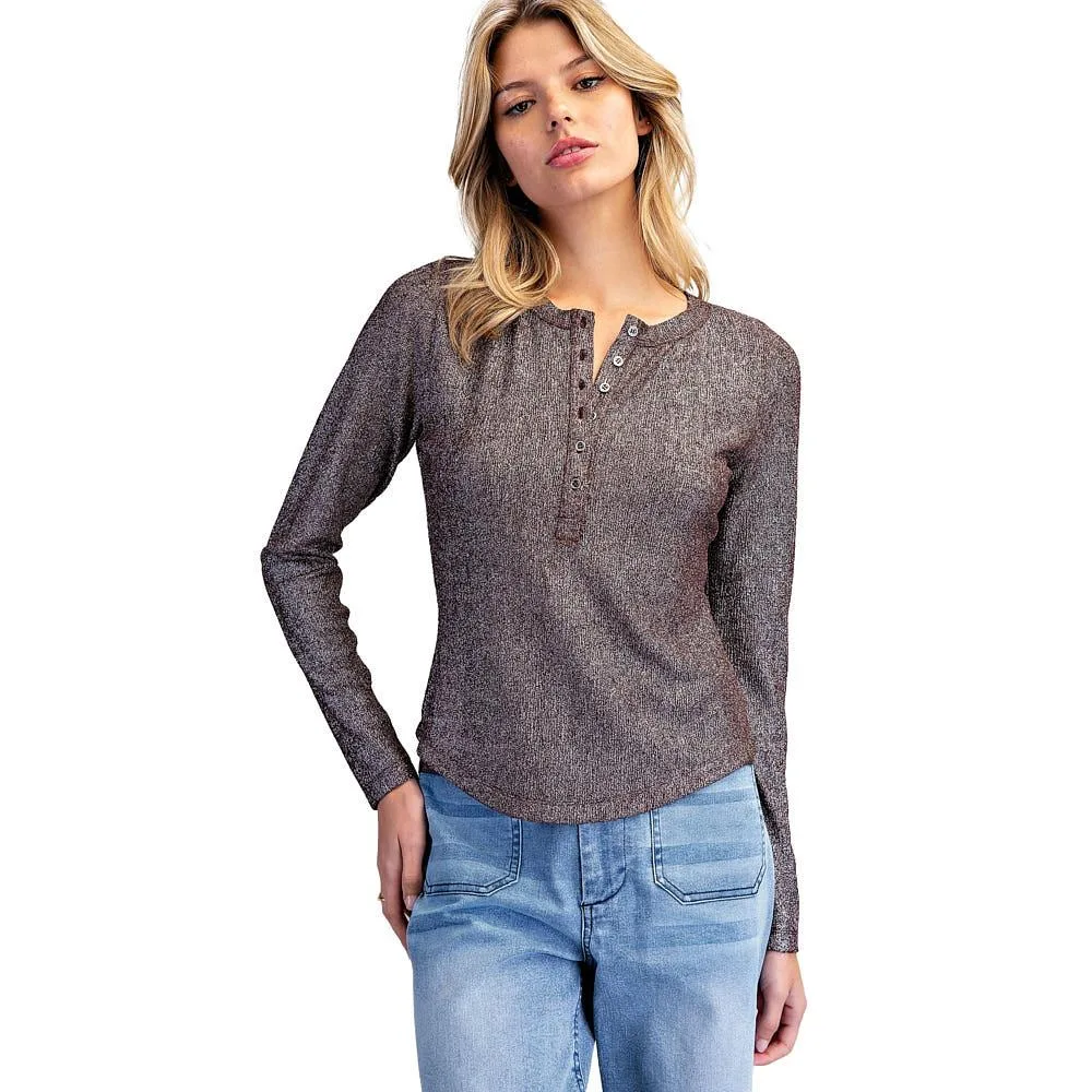 Ee Some Women's Dp Brown Metallic Henley Long Sleeve Top