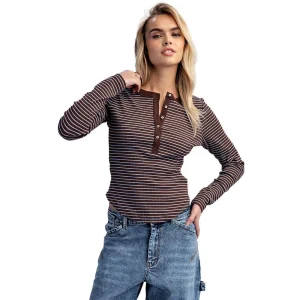 Ee Some Women's Frosted Mocha Striped Henley Top
