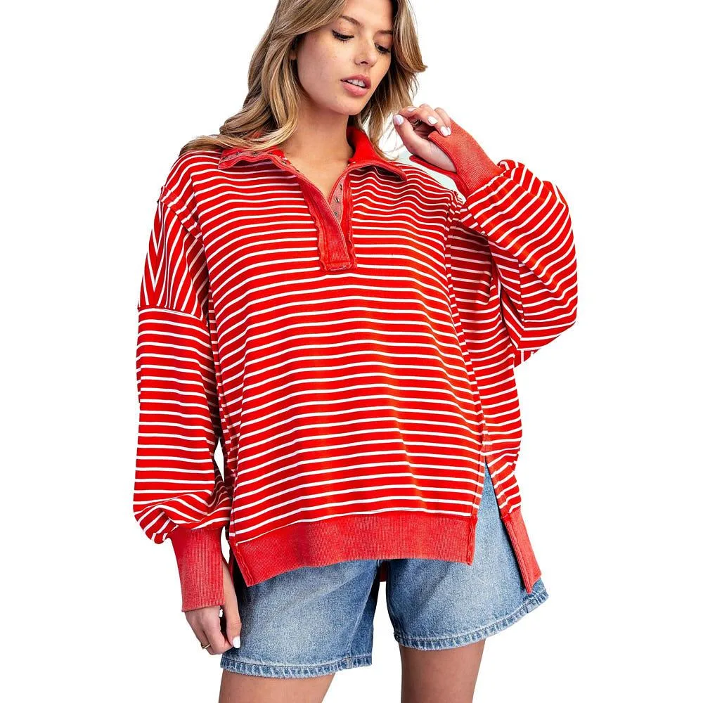 Ee Some Women's Red Striped Snow Washed Pullover