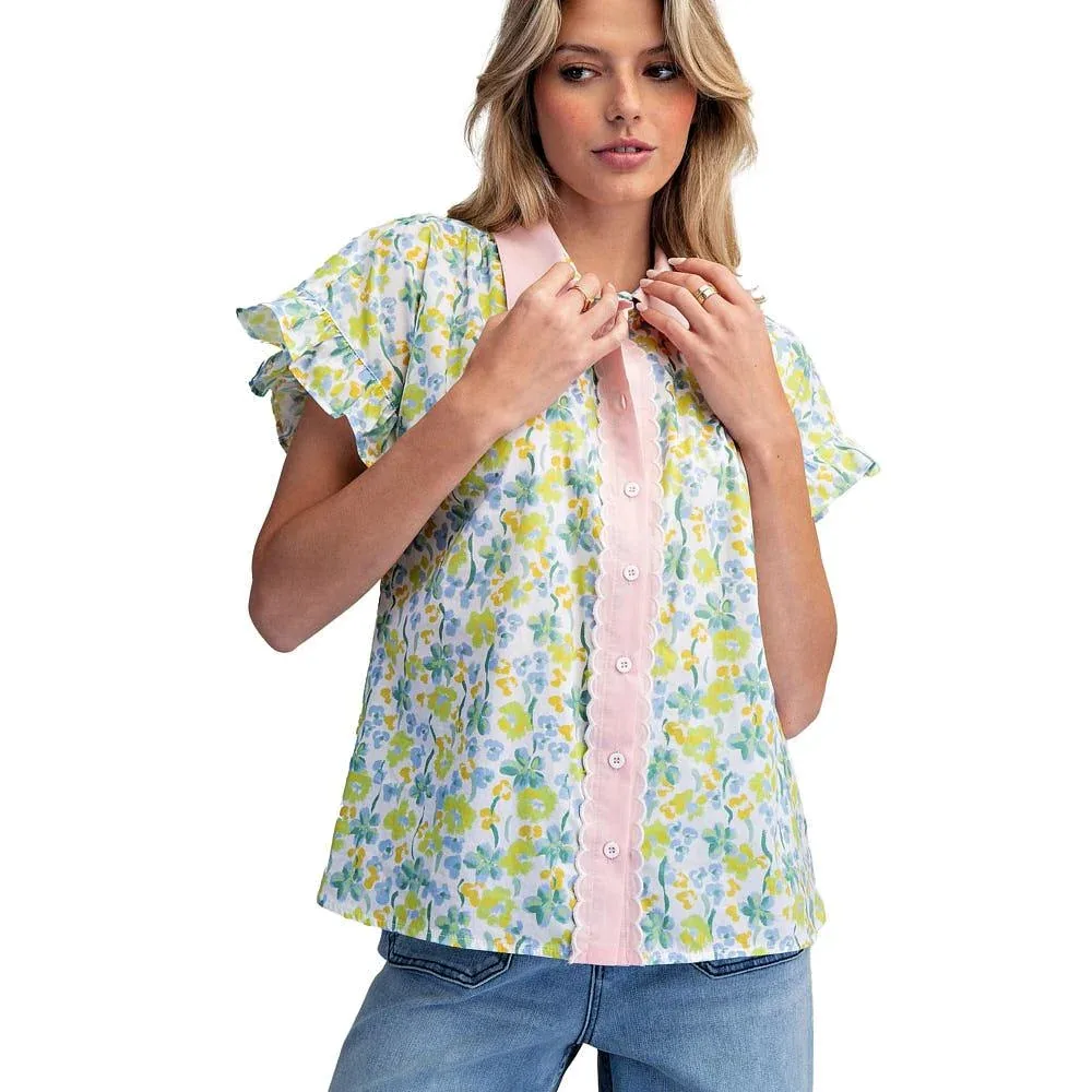 Ee Some Women's Sky Blush Floral Scallop Edge Top