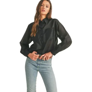 En Merci Wom Black Sheer Collared Button Top