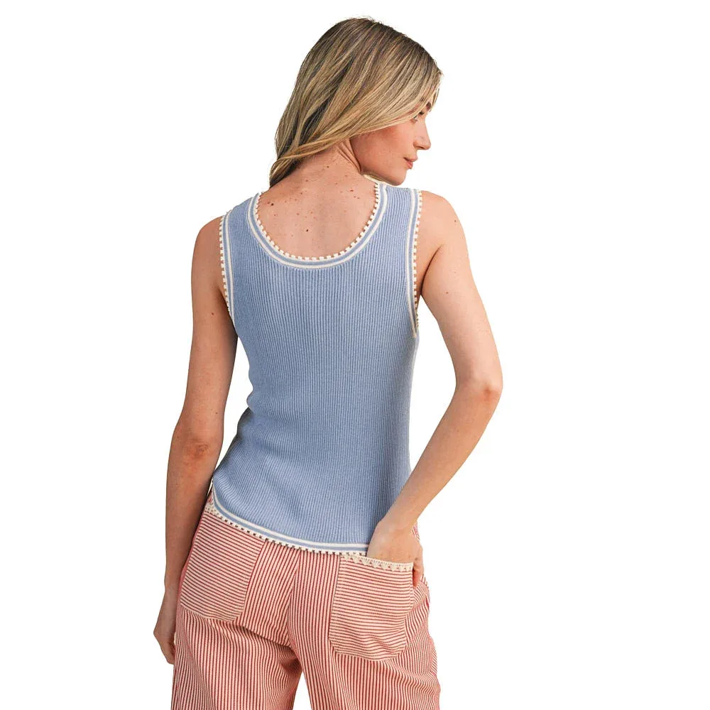 En Merci Wom Cashmere Blue Picot Trim Tank - Image 2