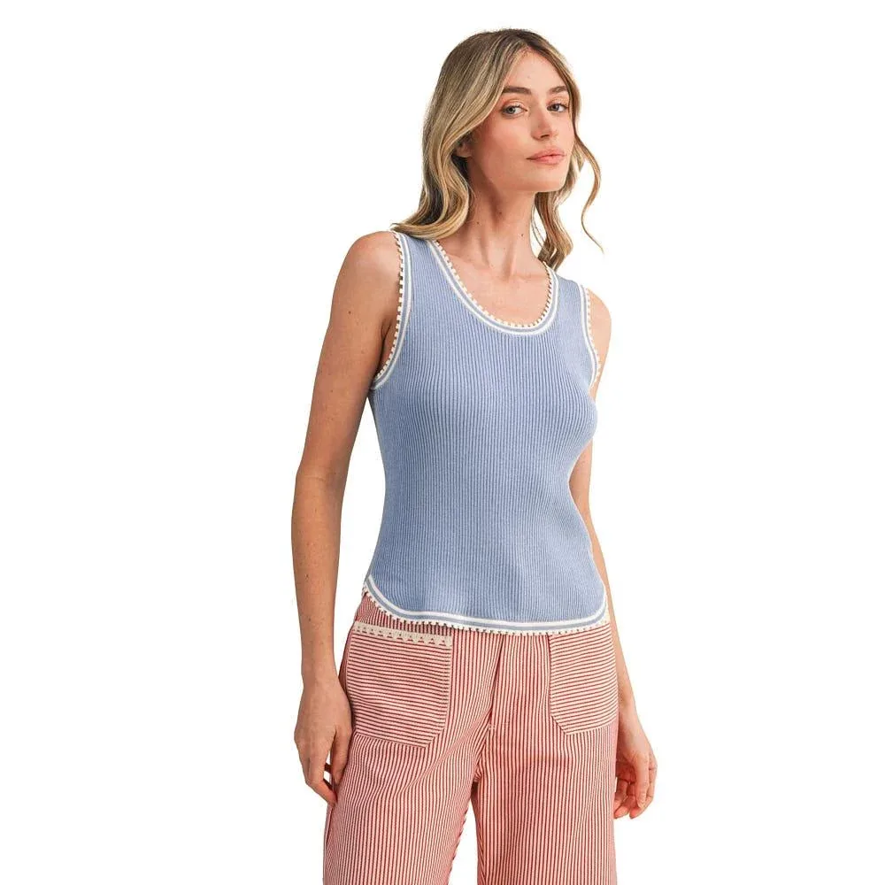 En Merci Wom Cashmere Blue Picot Trim Tank