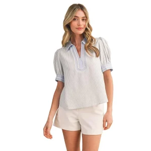 En Merci Wom Light Blue Striped Contrast Top