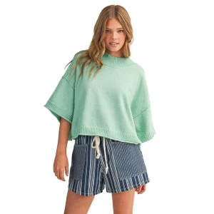 En Merci Wom Mint Green Marled Mock Neck Short Sleeve Sweater