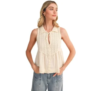 En Merci Wom Oat Milk Mixed Media Sleeveless Sweater Top