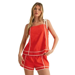 En Merci Wom Orange & White Tie Shoulder Short Set