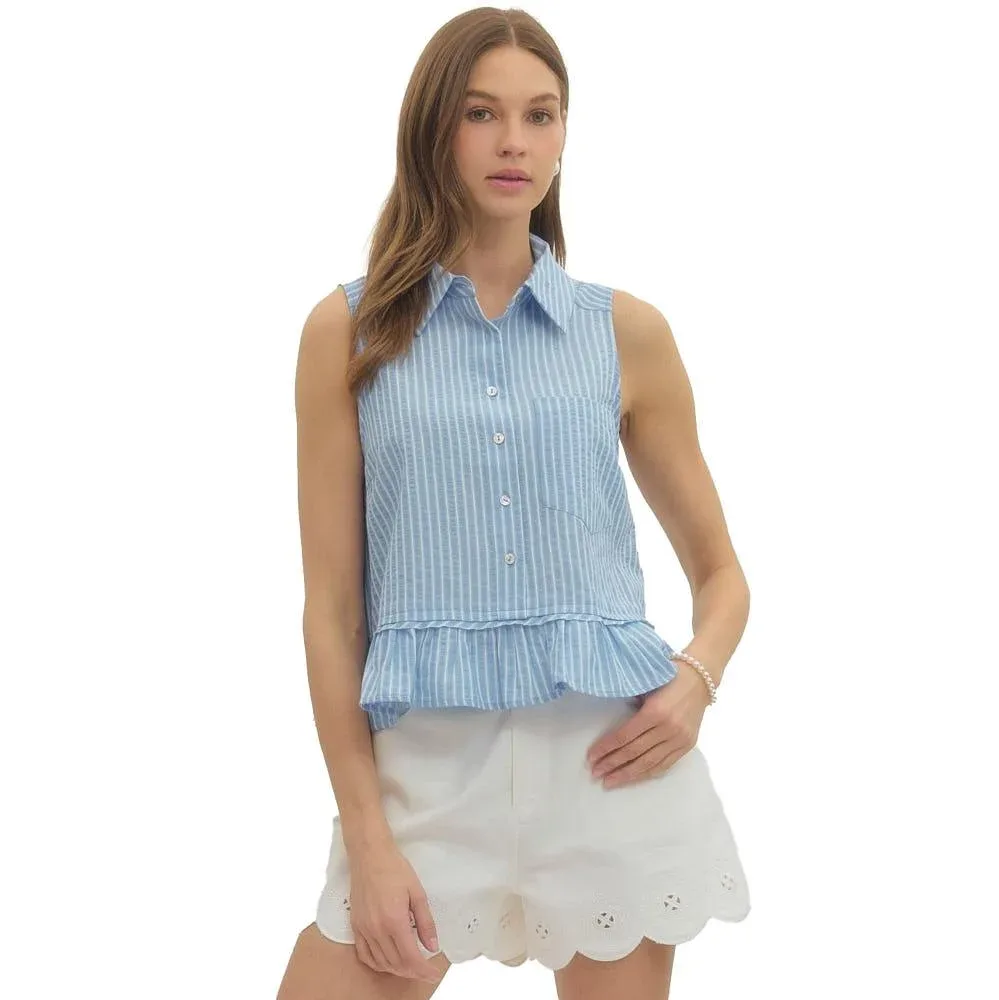 Entro Women's Blue Striped Button Sleeveless Top