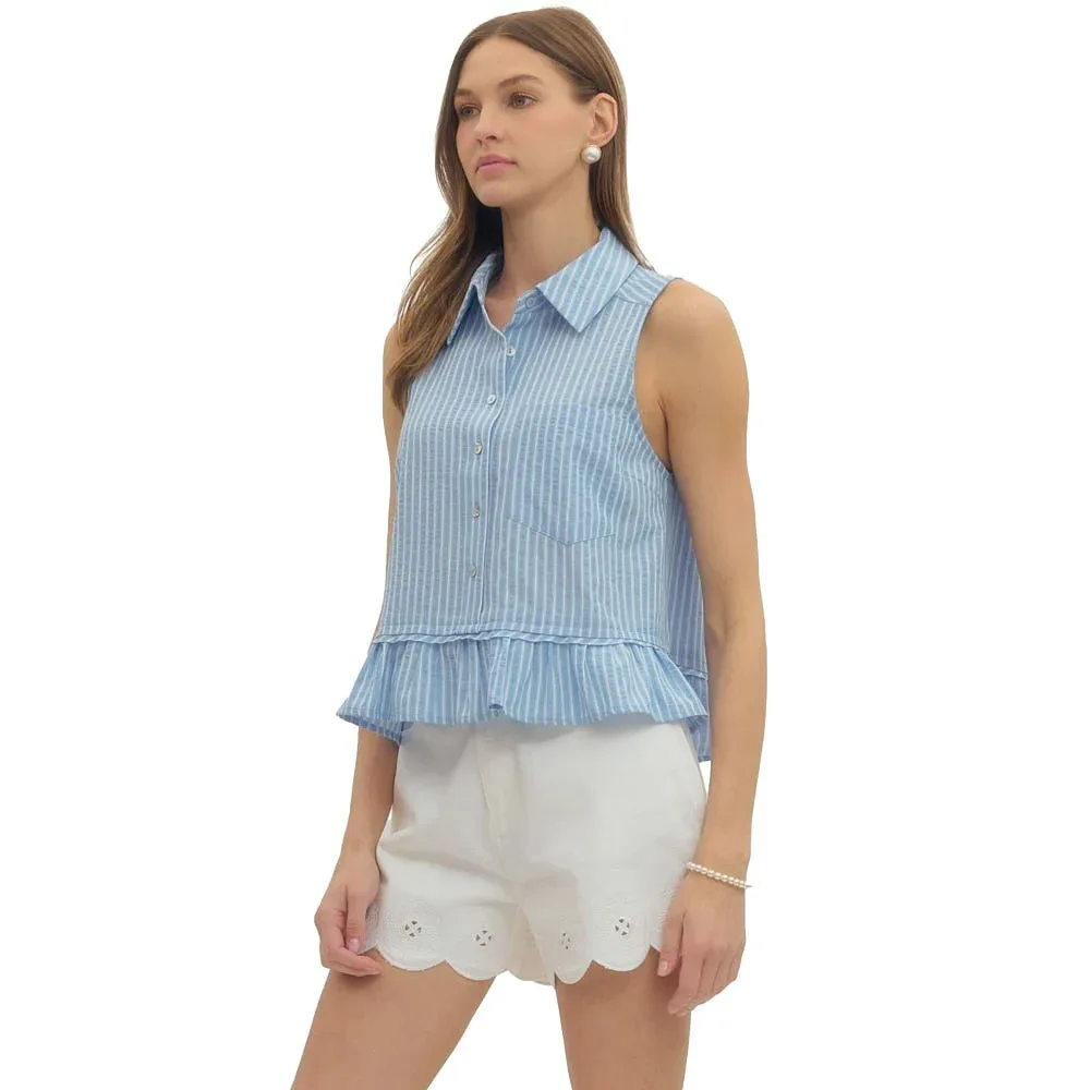 Entro Women's Blue Striped Button Sleeveless Top - Image 2