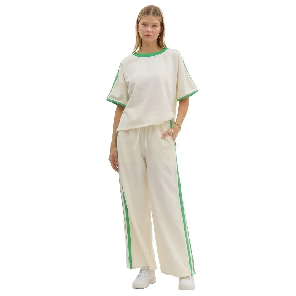 Entro Womens Cream French Terry Wide Leg Pant