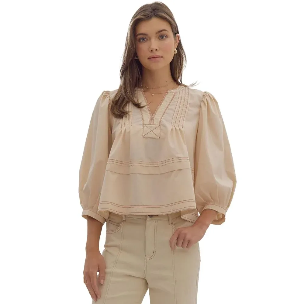 Entro Women's Ecru 3/4 Pleated Sleeve Top