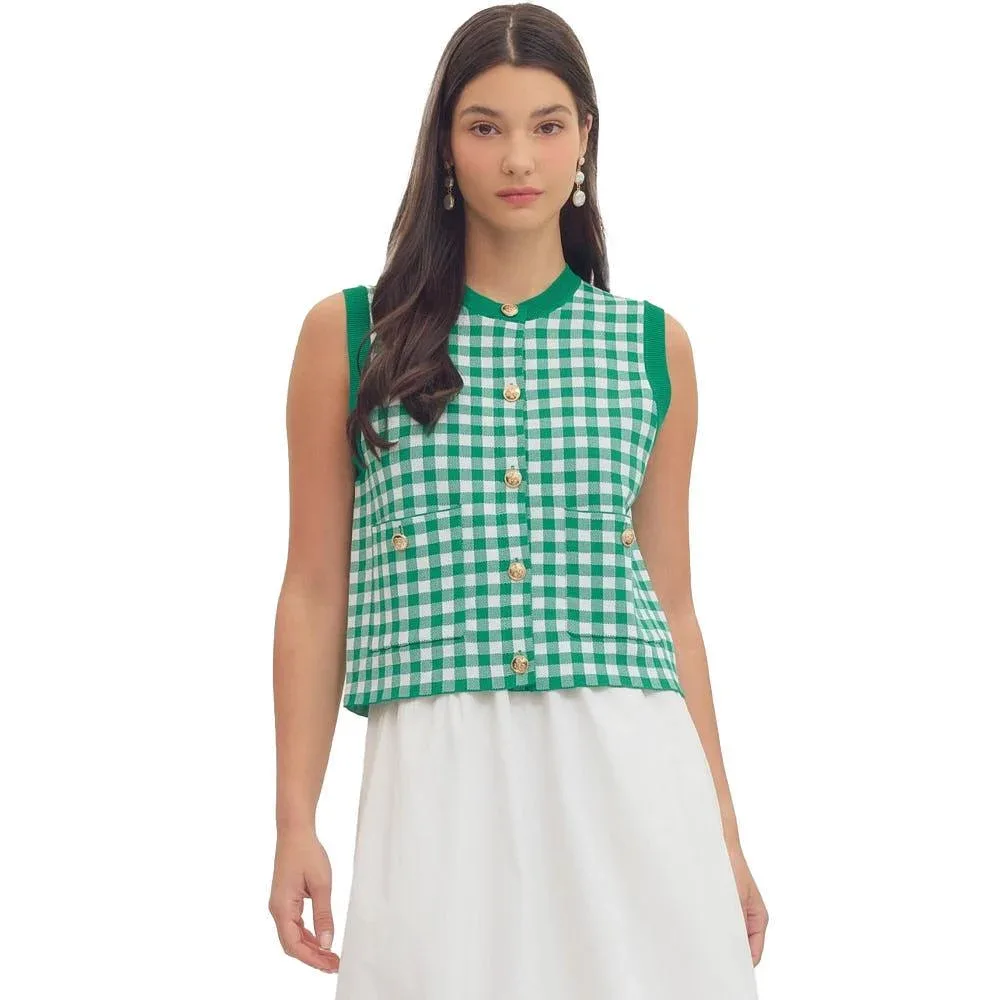 Entro Women's Green Gingham Sleeveless Top