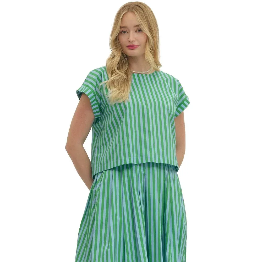 Entro Women's Green Sky Striped Button Back Top