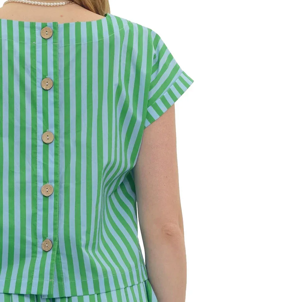 Entro Women's Green Sky Striped Button Back Top - Image 2