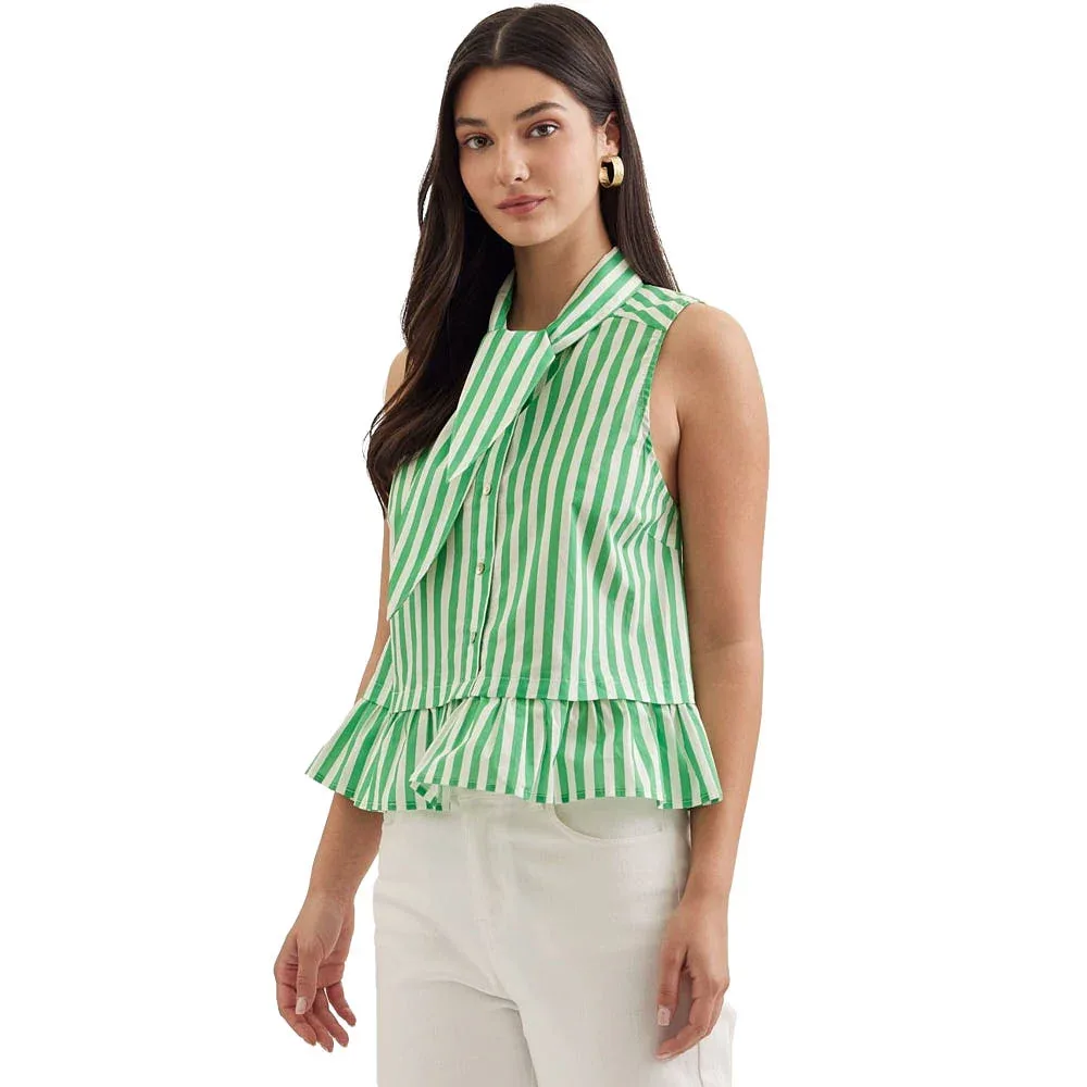 Entro Women's Green Striped Tie Neck Top - Image 2
