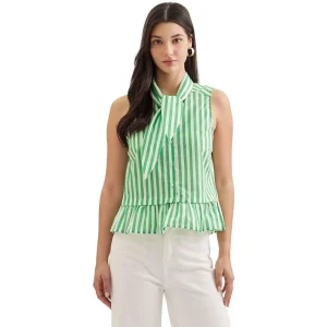 Entro Women's Green Striped Tie Neck Top