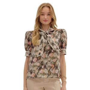 Entro Women's Olive Print Short Sleeve Top
