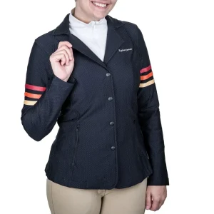 Equine Couture Women's EquiVent Gradient Show Coat with Arm Stripes- Black/Red-1X