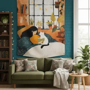 EverythingBoho Dreamy Reader & Cat Tapestry Wall Art