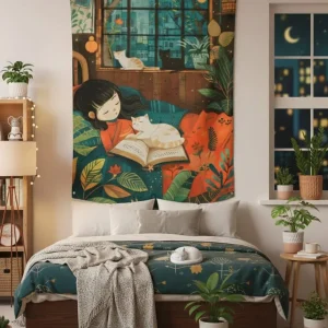 EverythingBoho Girl & Cat Reading Corner Tapestry Wall Art