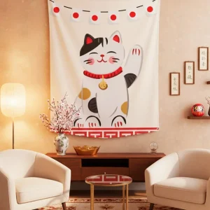 EverythingBoho Maneki Neko Good Luck Cat Japanese Tapestry Wall Art