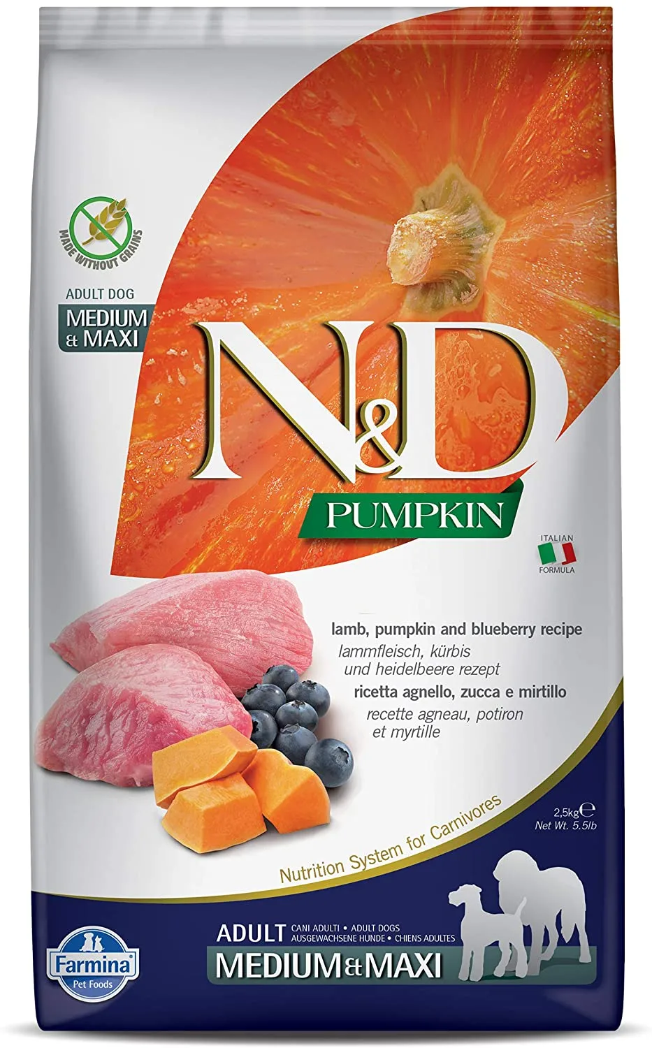 Farmina Grain-Free Pumpkin Lamb & Blueberry Adult Medium and Maxi Dry Dog Food - 5.5 lb Bag