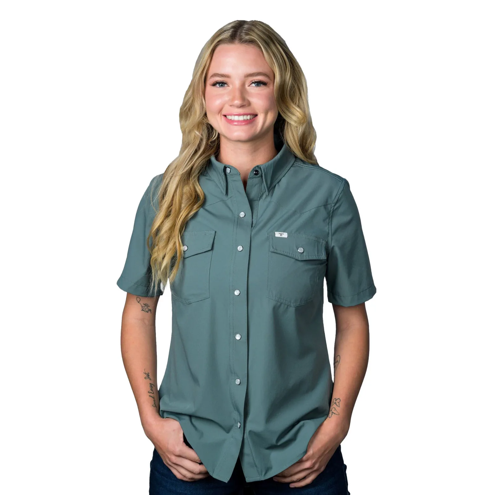 Ferrell Brands Inc Womens Aqua Vented Pearl Snap Shirt - Image 2