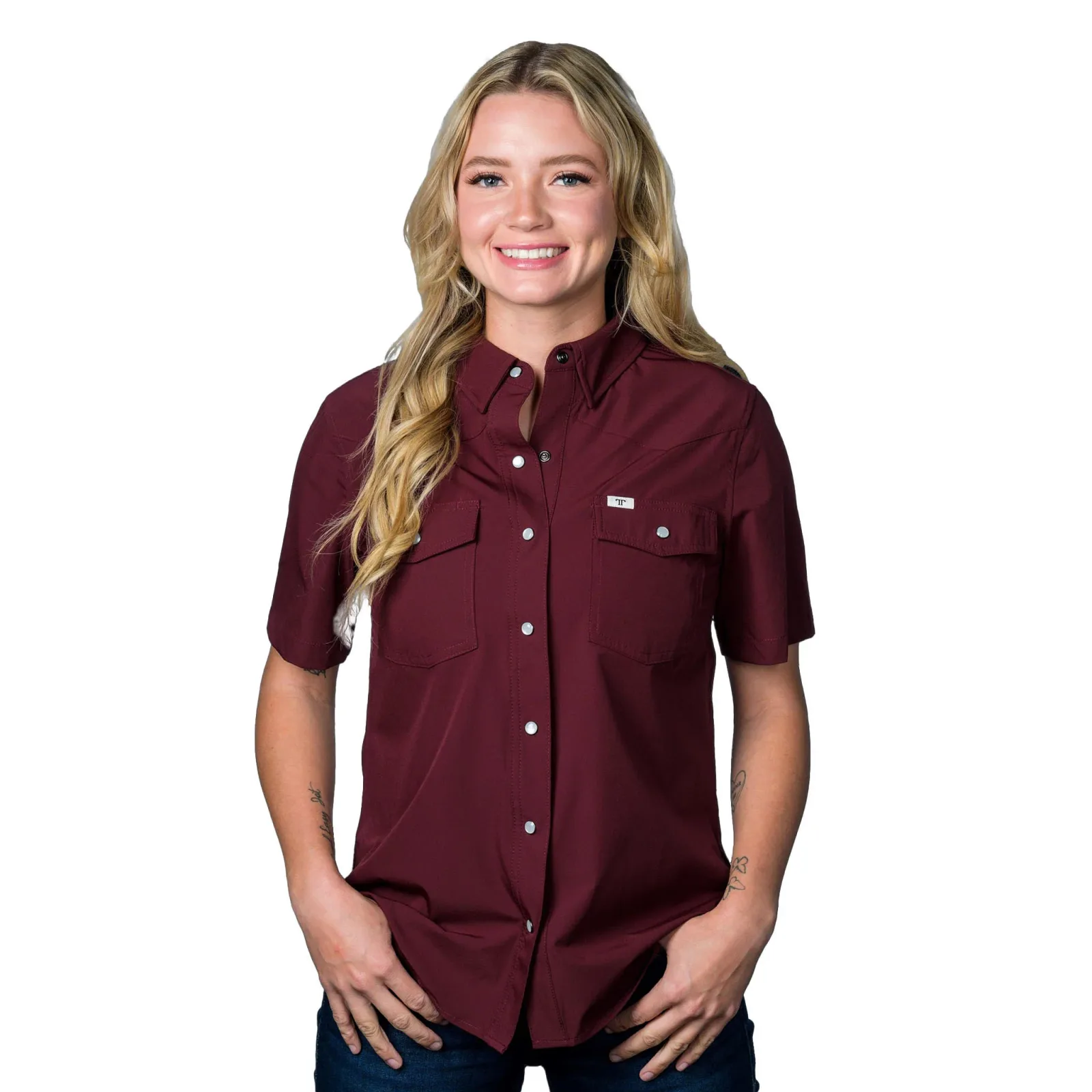 Ferrell Brands Inc Womens Maroon Vented Pearl Snap Shirt - Image 2