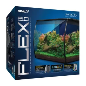 Fluval Flex 2.0 - 15 Gallon Aquarium Kit - Freshwater Fish Tank with Curved Glass - Includes 7500K LED Light, Lid and 3-Stage Filtration System