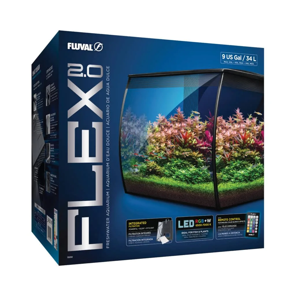 Fluval Flex 2.0 - 9 Gallon Aquarium Kit - Freshwater Fish Tank with Curved Glass - Includes 7500K LED Light, Lid and 3-Stage Filtration System