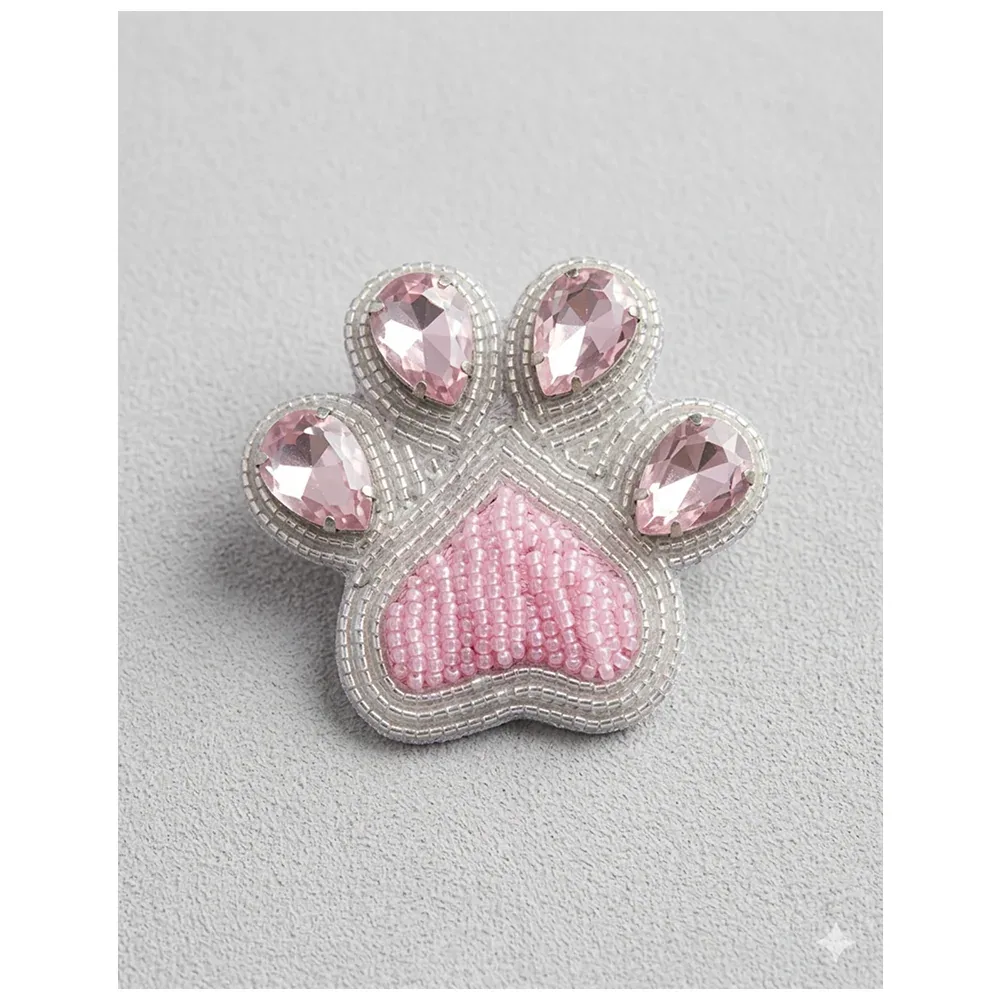 Furry Tales Artisan Handcrafted Paw White Pet Theme Decorative Brooch (White and pink)