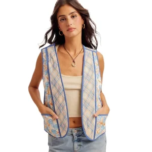 Hem And Thread Women's Blue Reversible Floral & Plaid Vest